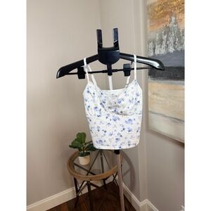 Hollister Floral Lace Trim Cami Top White Blue Cropped Tank Small 339L3567